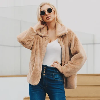 

2019 Winter Ladies Fur Coat WomenLapel Collar Fashion Faux Fur Jacket Pink High Street Teddy Jacket Autumn Elegant Party Coat