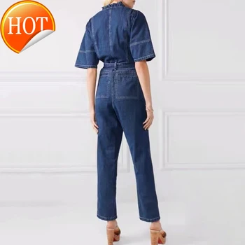 

Denim Jumpsuits High Waist Sashes Women Tunic Causal Jeans Jumpsuits