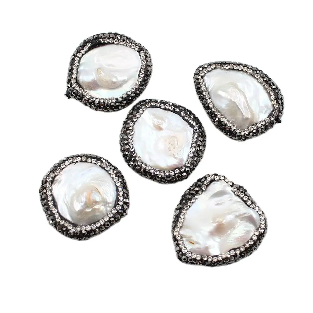 APDGG Wholesale 5PCS Freshwater Cultured White Coin Keshi Pearl CZ Paved Beads Findings Loose Beads For Women Necklace DIY