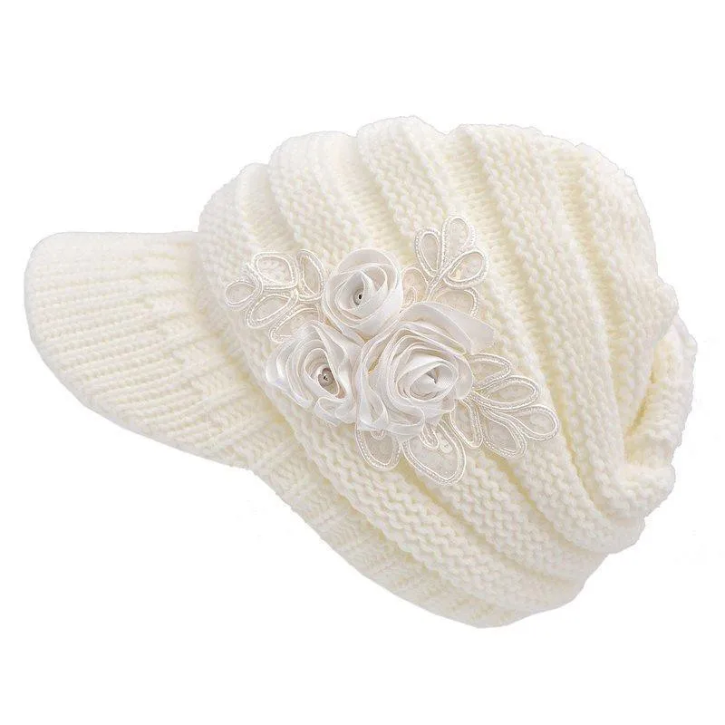 Осенне-зимняя женская вязаная шапка, женские блестящие цветы, повседневные Элегантные одноцветные бейсболки
