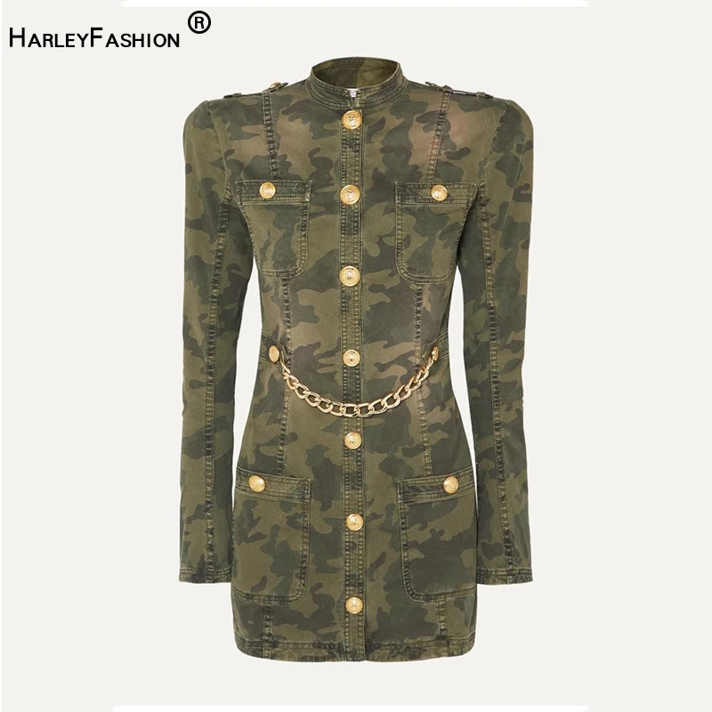 

HarleyFashion New Season Women Fall Spring Fitted Classic Design Camouflage Chain Dress Gold Buttons Slim Straight Dresses