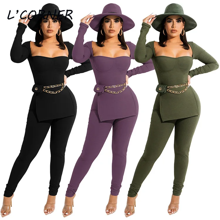 Women OutfitsTwo Piece Sets Sexy Square Neck Knitted Split Hem Sweater +pencil Pants 2pcs Office Lady Suits |