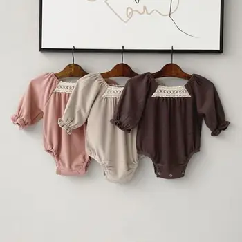 

Autumn Solid Newborn Bodysuit Lace Baby Girls Long Sleeve Jumpsuit Cotton Infant Girls Bodysuit With Headband Kids Clothes