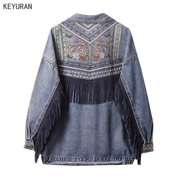 

Plus Size Embroidered Floral Rivet Tassel Denim Jacket Women Long Sleeve Punk Oversized Jeans Jacket Loose Moto Coats & Jackets