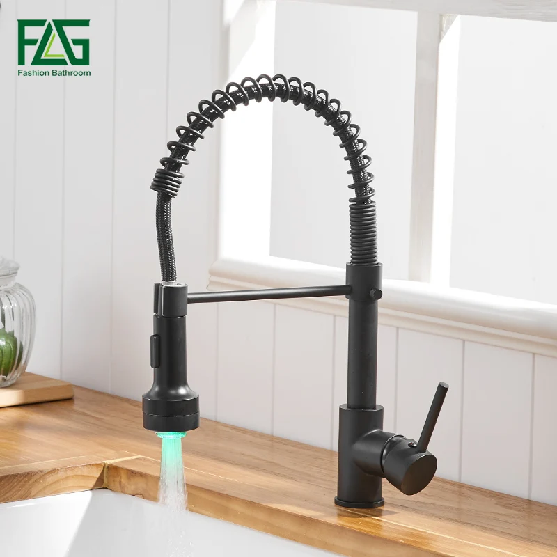Kitchen Faucets Brushed Nickel Black Sink Water Pull-Out LED FLG Outlet And 2-Function