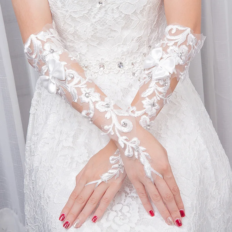 

White Beaded Fingerless Long Bridal Gloves Small Bow Lace Gloves Luva De Noiva Wedding Accessories