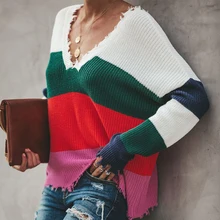 Осень зима вязаный Радужный сексуальный свитер женский Глубокий v-образный вырез полосатый длинный рукав плюс размер пуловер Свитера цветной блок свитер