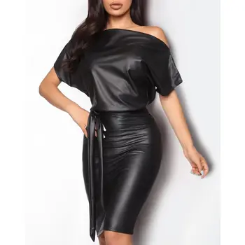 

New Women Dress PU Leather Wet Look Bodycon Bandage Party Cocktail Club Short Dress /BY