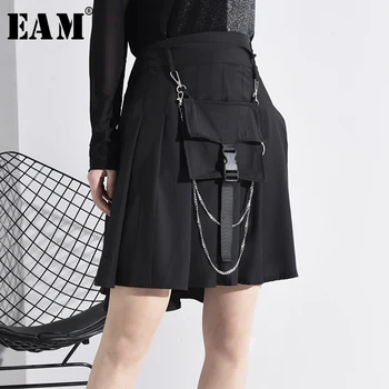 

[EAM] High Waist Black Pocket Split Knee Length Trousers New Loose Fit Pants Women Fashion Tide Spring Autumn 2020 1N49501