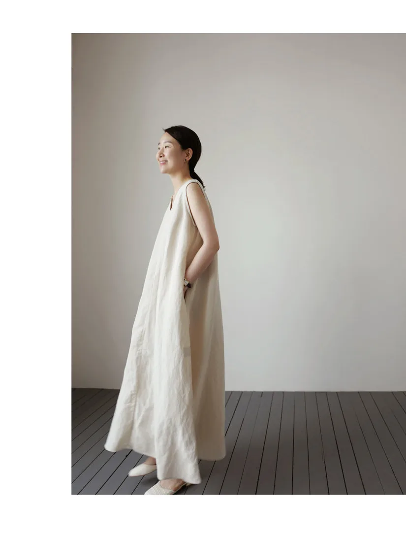 Cotton Linen Women Dress Pocket Solid Loose V-Neck Sleeveless Summer Korean Long Robe Dress For Women