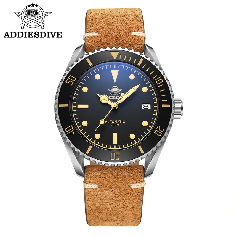 

ADDIESDIVE Men's Watch NH35 Movement Brown Plush Strap C3 Luminous Watch Stainless Steel Case Date Display 200m Diving Watches