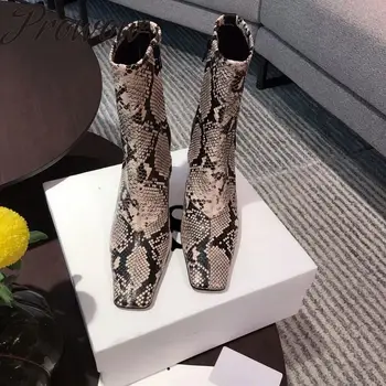 

Prowow New Genuine Leather Snakeskin Square Toe Ankle Boots Zip Side Thin HIgh Heel Boots Shoes Women