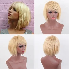 

Human Hair Blend Wig Short Straight Blonde Hairstyles Straight With Bangs Capless Women's Wigs 10 inch