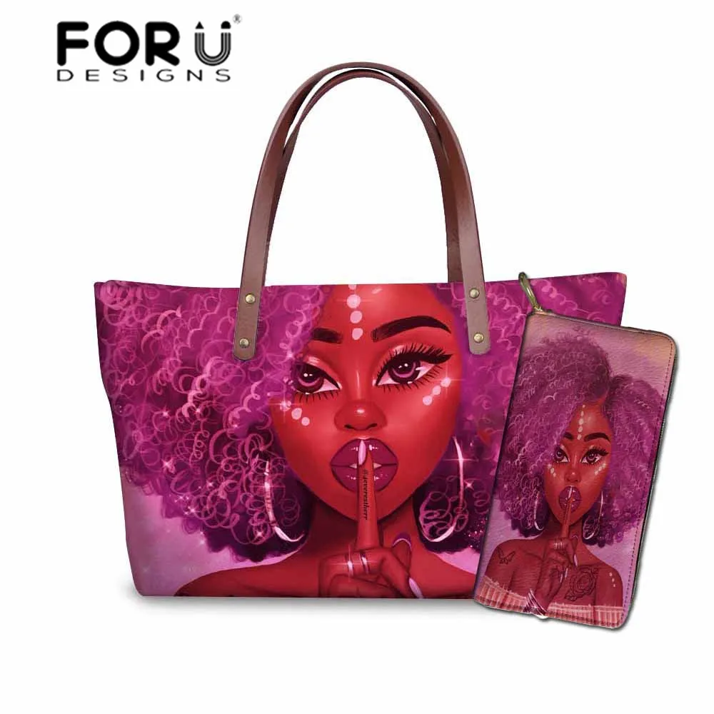 FORUDESIGNS/комплект сумок и сумочек, женская черная художественная африканская сумка с принтом для девушек, женская пляжная сумка-тоут для женщин, сумка на плечо - Цвет: YQ4554ALZ21
