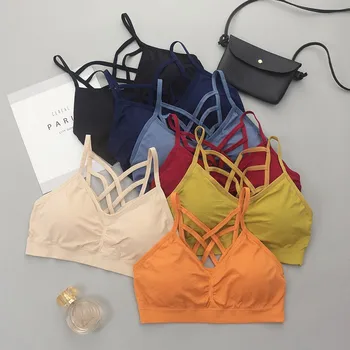 

Sexy Cross Cutout Bra Women Frameless Gathered Sports Bras Hollow Cross Back Elastic Straps Anti-light Quick-drying Bra
