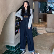 Осенние джинсы, женские винтажные Широкие штаны, джинсы хараюку, свободные, высокая талия, деним, комбинезон, мультяшный автобус, вышитый, джинсовый комбинезон