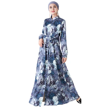 

Siskakia Quality 3D Vintage Print Satin Long Dress Single-breasted Stand Collar Long Sleeve Muslim Arab Dubai Maxi Shirt Dress