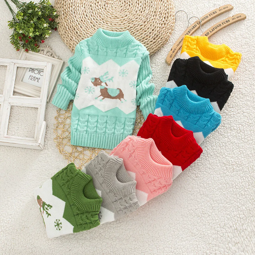 Свитер для малышей; топы для детей; теплый свитер с рождественским оленем для девочек; вязаная футболка с длинными рукавами; теплая однотонная одежда с оборками