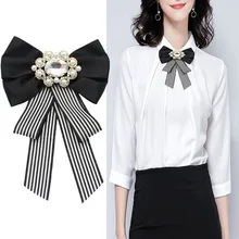 Moda gravata borboleta para as mulheres pérola listrado pano broche cristal strass branco camisa colarinho pino escola estudante bowtie acessórios