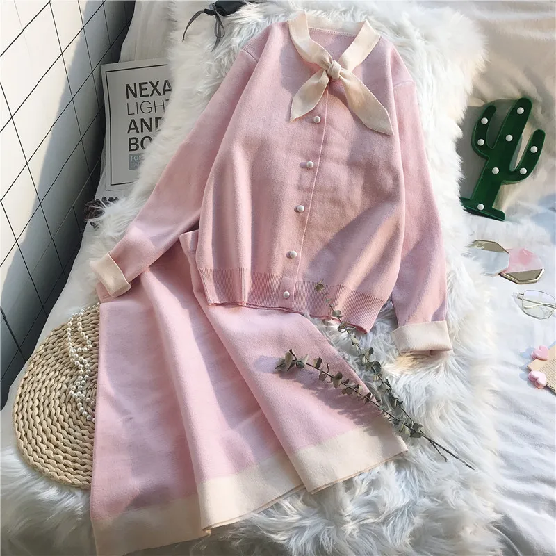 pink Зимние новые женские юбки из 2 предметов, костюмы с бантом, Однотонный свитер и трикотажные юбки, женские комплекты из 2 предметов, юбки, Топ - Цвет: pink