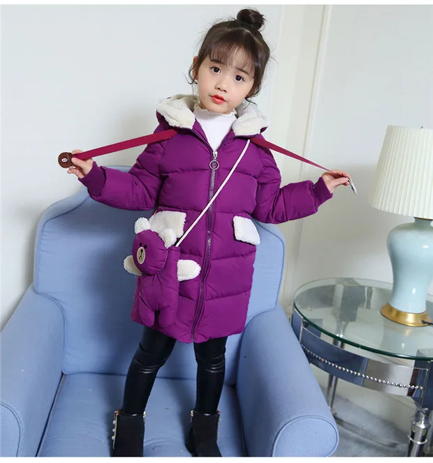 Childrenswear Autumn& Winter New Style Cotton-padded Clothes Girls Big Boy Brushed And Thick Mid-length Backpack Bear Cott