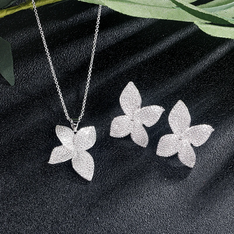 2 pcs set White ZAKOL Роскошные AAA кубический циркон микро паве цветок серьги кольцо браслет ожерелье набор для женщин Свадебные ювелирные изделия FSSP3077 - Окраска металла: 2 pcs set White