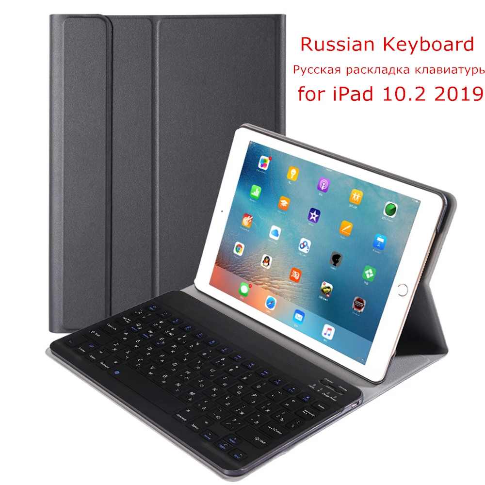 

For iPad 10.2 2019 Plastic Russian Bluetooth Keyboard with Leather Flip Stand Shockproof Cover for iPad 10.2 Keyboard Wireless