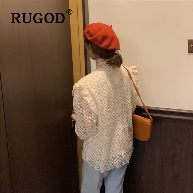 RUGOD Весенняя кружевная блузка женские блузки с длинным рукавом Элегантный Прозрачный Топ корейская модная одежда женские рубашки рубашка с вышивкой
