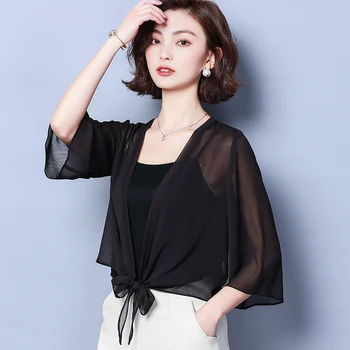 

COIGARSAM Plus Size Three Quarter Sleeve Chiffon Solid Shirt Womens tops Women shirts White Red Black 9732