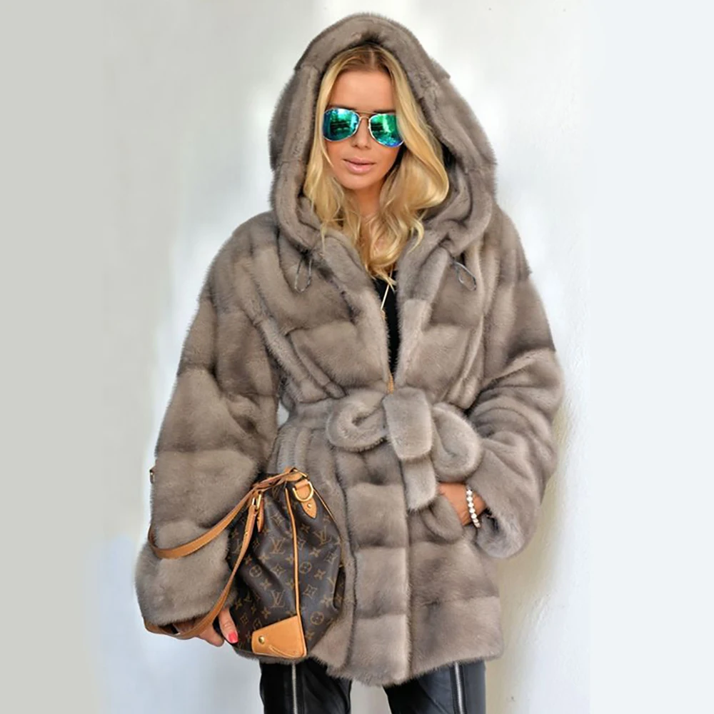 New Winter Real Mink Fur coffee Coats Jacket With hood Women Genuine Full Pelt Winter Warm Elegant Female Jacket