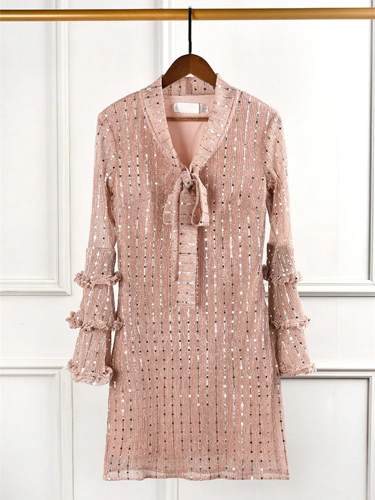 

Luxury Designer Brand Dress for Women Fashion Causel Grenadine Sequins Bow Flare Sleeve Champagne Party Dress