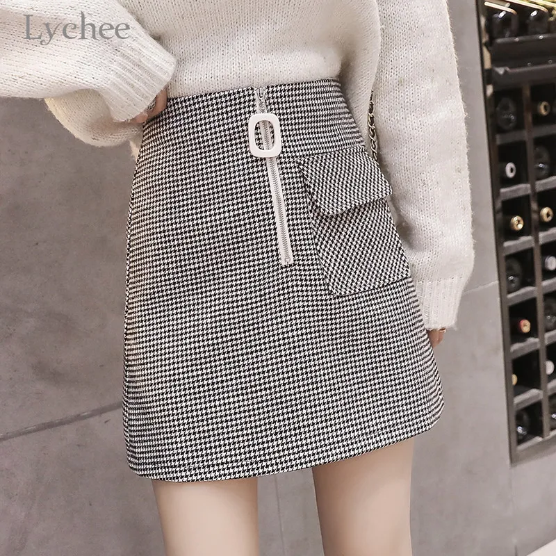 Lychee, Harajuku, клетчатая Женская юбка, высокая талия, молния, карманы, трапециевидная мини-юбка, женские юбки, повседневные, весна, осень, зима, для девушек