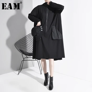 

[EAM] Women Black Pocket Back Split Big Size Dress New Hooded Long Sleeve Loose Fit Fashion Tide Spring Autumn 2020 1A82901