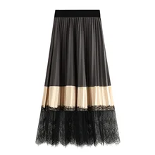 Qiu dong/Бархатная плиссированная юбка с кружевной строчкой, с пышной юбкой, длинные юбки 8877