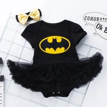 

2 PCS Newborn Baby Christmas Batman Dresses Set For Girl Cotton Kids Short Sleeve Rompers Children Princess Lace Dress Clothing
