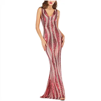 

Evening Night Slim Maxi Dress Women Straps Sequined Cocktail Party Long V-Neck Sexy Dress vestidos elegantes para damas #F