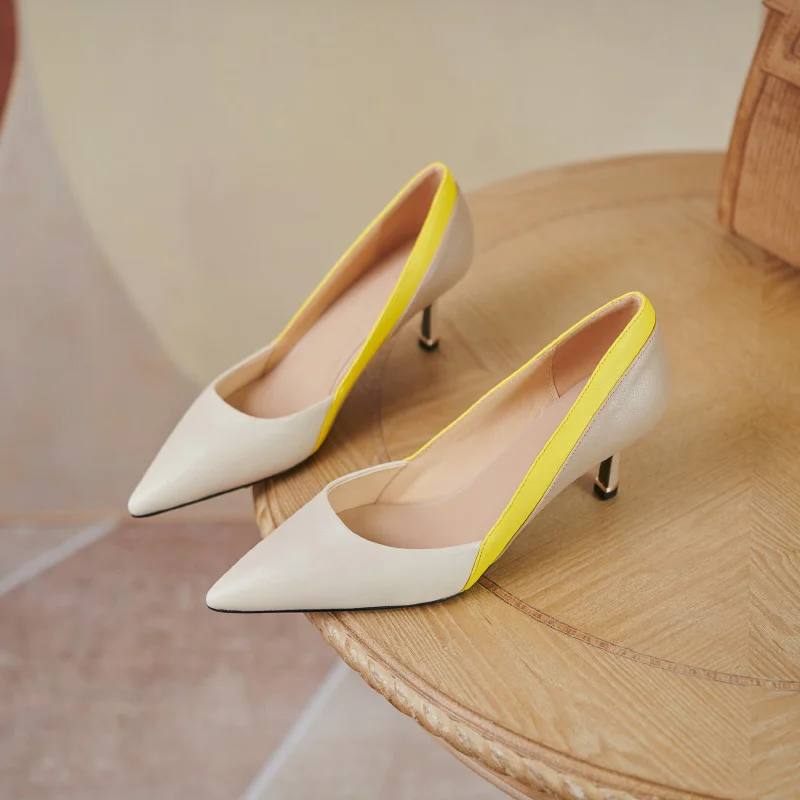 

Osunlina 2021 New Fashion Pumps Mixed Color Pointed Toe 6cm Thin High Heels Kid Suede Handmade Shallow Elegant Office Lady Shoes