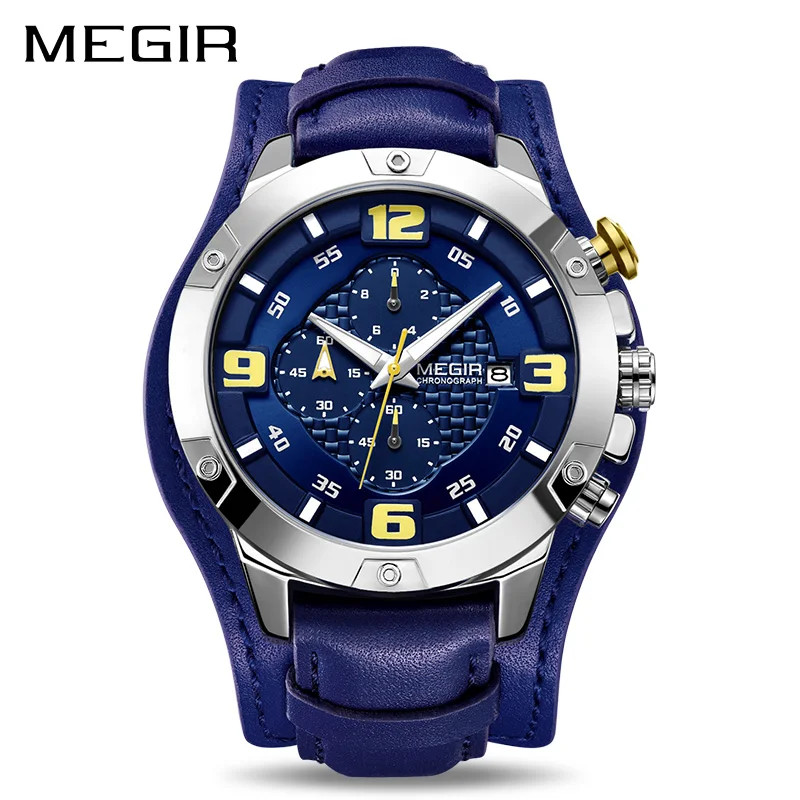 

Megir Big Mens Watches Luxury Brand Chronograph Quartz Watch Men With Leather Bracer Relogio Masculino Reloj Hombre Dropship