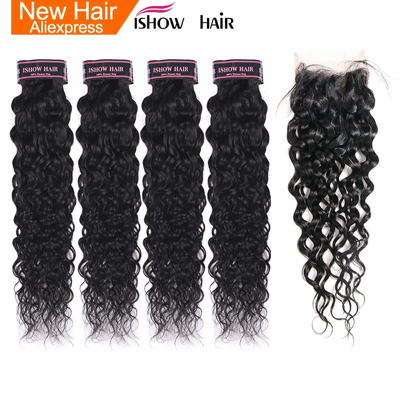 

Ishow Hair Water Wave Bundles Indian Hair Weave 4 Bundles With Closure More Wavy Non Remy Human Hair With Lace Closure