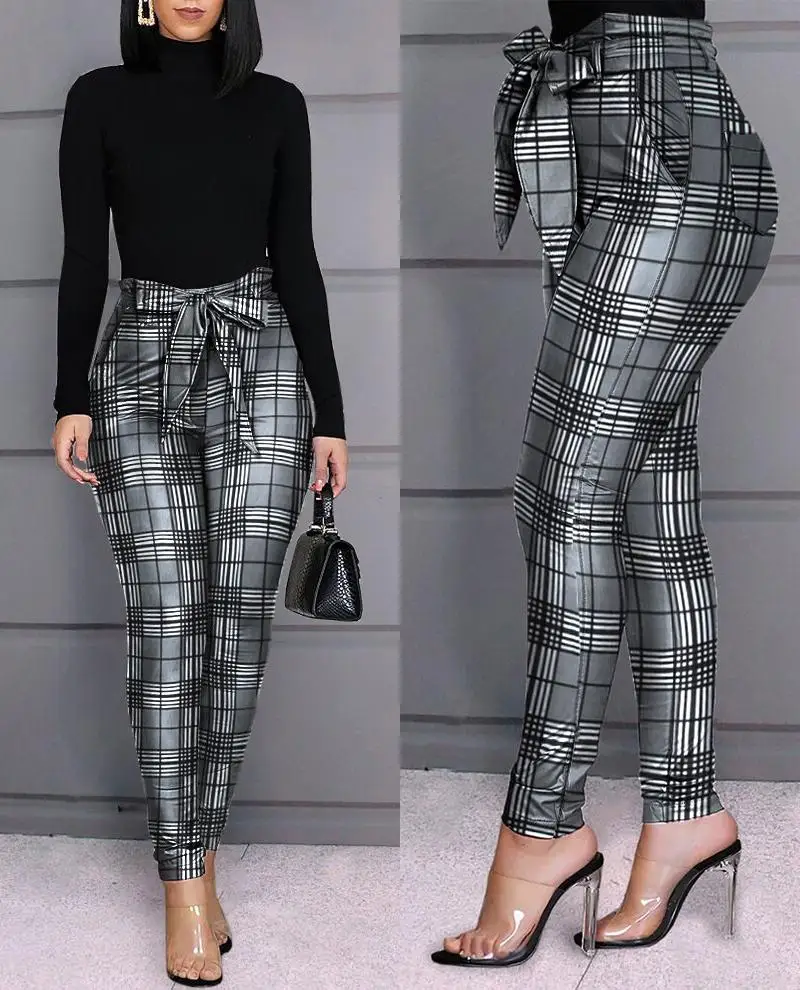 Comprar Pantalones de diseño de cuadrícula de mujer pantalones de tubo de cintura alta