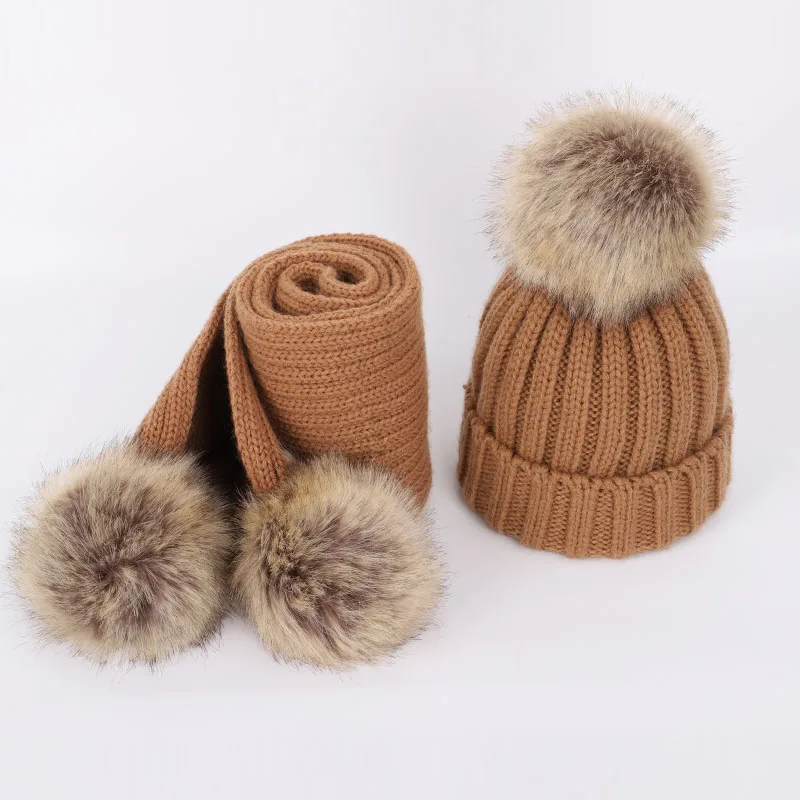 Модная зимняя детская вязаная шапка, шарф, комплект из 2 предметов для мальчиков и девочек, шапка-ушанка, толстая мягкая шапка, теплый шарф, детский помпон