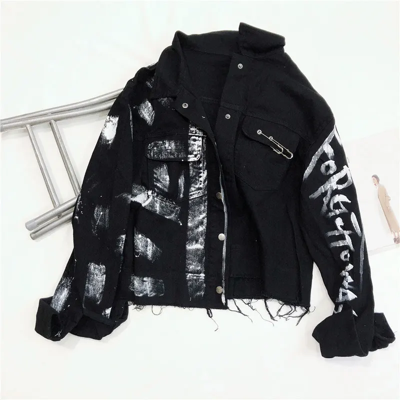 Черный Chaquetas Mujer Свободная джинсовая куртка для женщин граффити Пальто черное винтажное пальто BF куртка-бомбер джинсовое пальто для женщин оверсайз - Цвет: Черный