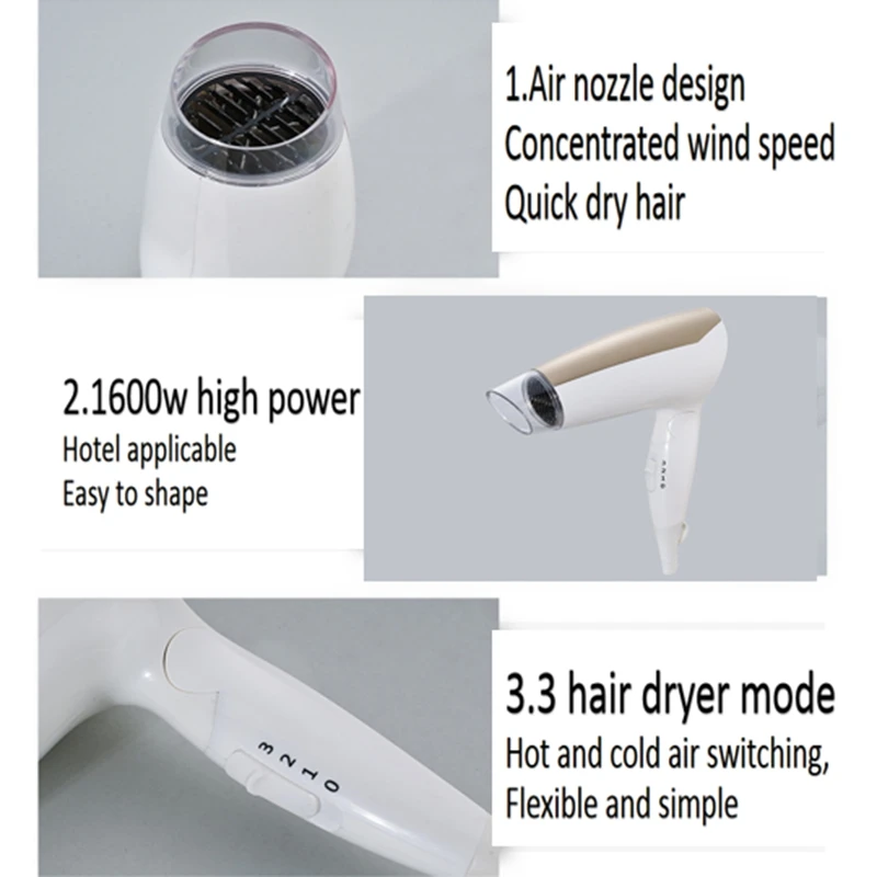 US Plug Compact Hair Dryer with Folding Handle, Travel Hair Dryer, Professional Salon Hairdressing Hotel