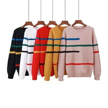 

Fashion Girls Sweaters Female Winter Striped Thick Sweater Loose Long Sleeve Knit Sweater Women Knitwear Ladies Tops Pullover