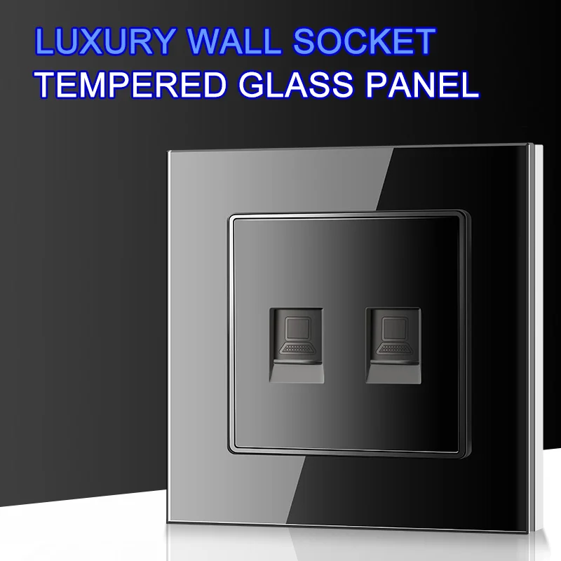 Luxury Duplex Rj45 Cat 6 10Gbps Internet Wall Socket Double Ethernet Plug Crystal Tempered Glass Panel Computer Dual RJ45 Outlet