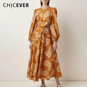 

CHICEVER Vintage Print Dress For Women Lantern Long Sleeve O Neck High Waist Lace Up Midi Dresses Female Fashion Autumn New 2020