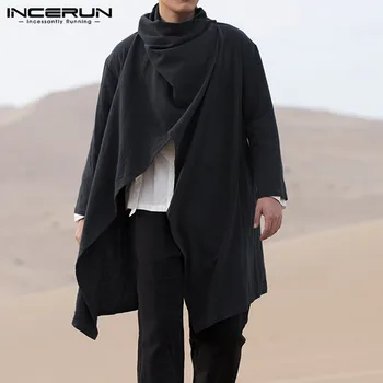 

INCERUN Vintage Men Trench Coats Cotton Solid Turtleneck Casual Long Sleeve Outerwear Street Irregular Jackets Men Ponchos Cloak
