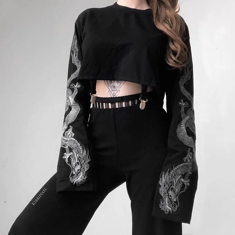 

Autumn Women Chic Loose Crop Top Fashion Ladies Sexy Casual T-Shirts Sexy Lady Long Sleeve O Neck Dragon Print Clubwear New