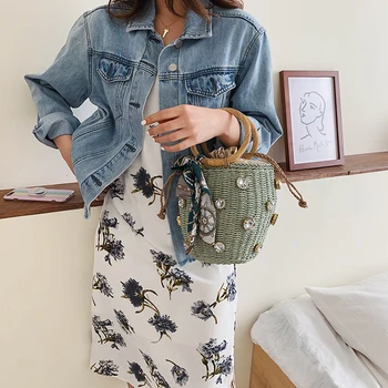 

Summer Straw Shoulder Totes Handbags Women Woven Beach Top-handle Bag With Ribbon For Girls Bohemian Beach Tote