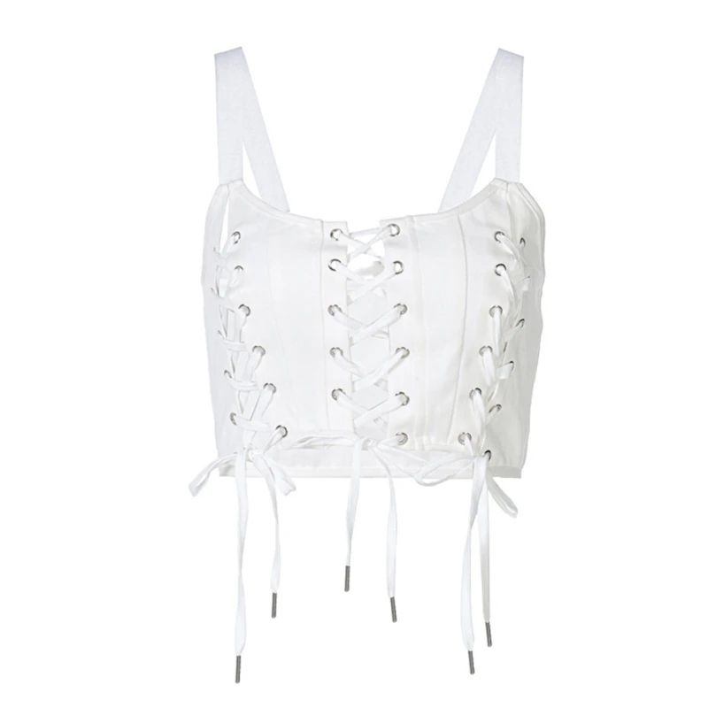 Women Gothic Punk Sleeveless White Crop Top Sexy Square Neck Camisole Hollow Out Crisscross Lace-Up Corset Slim Vest parka jacket women